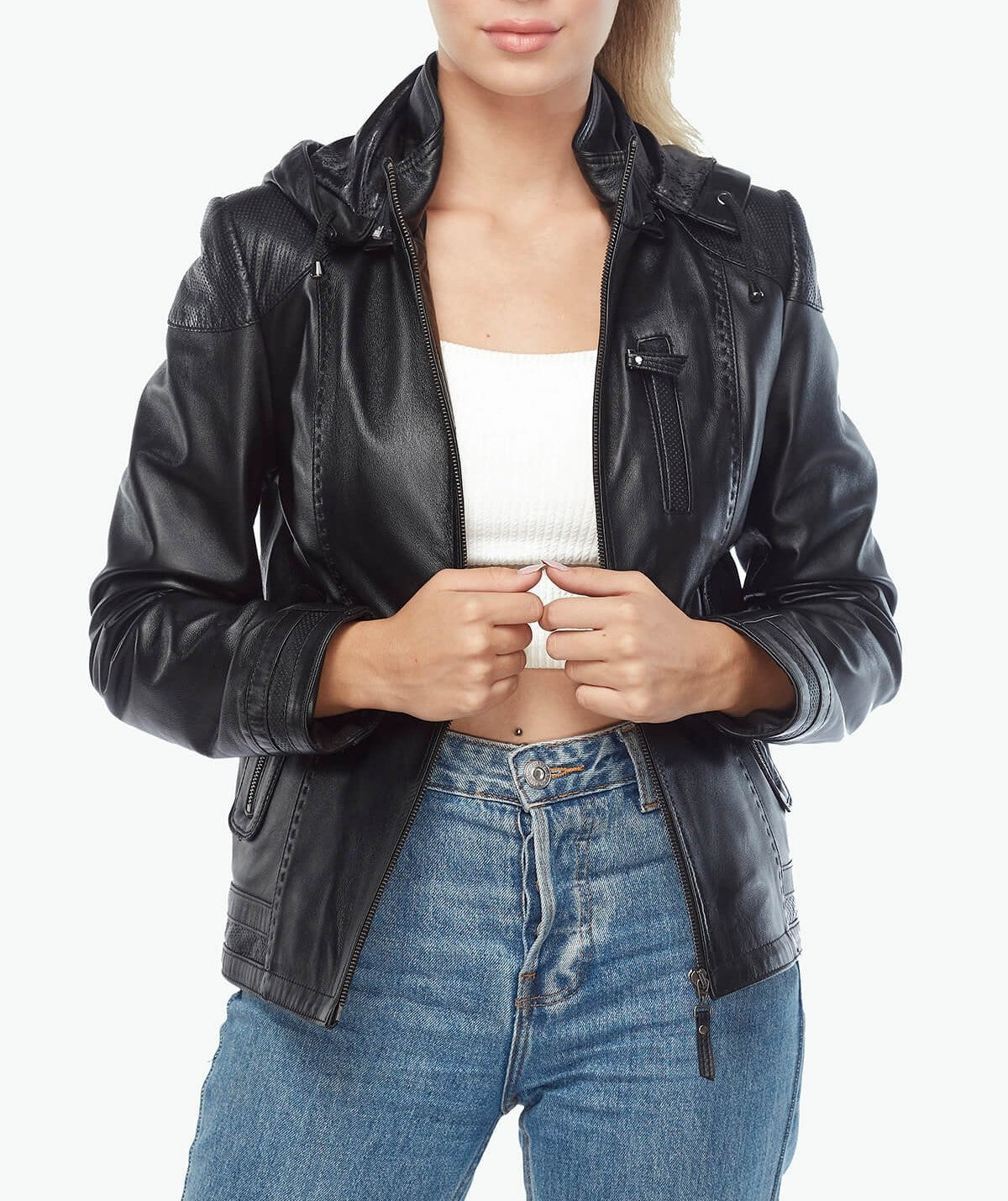 black leather jacket with hood