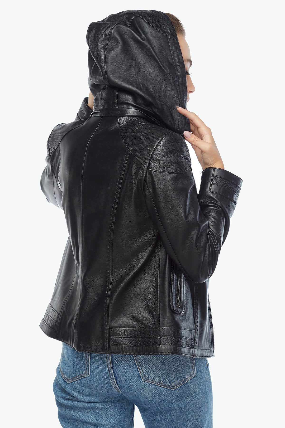 real black leather jacket with hood