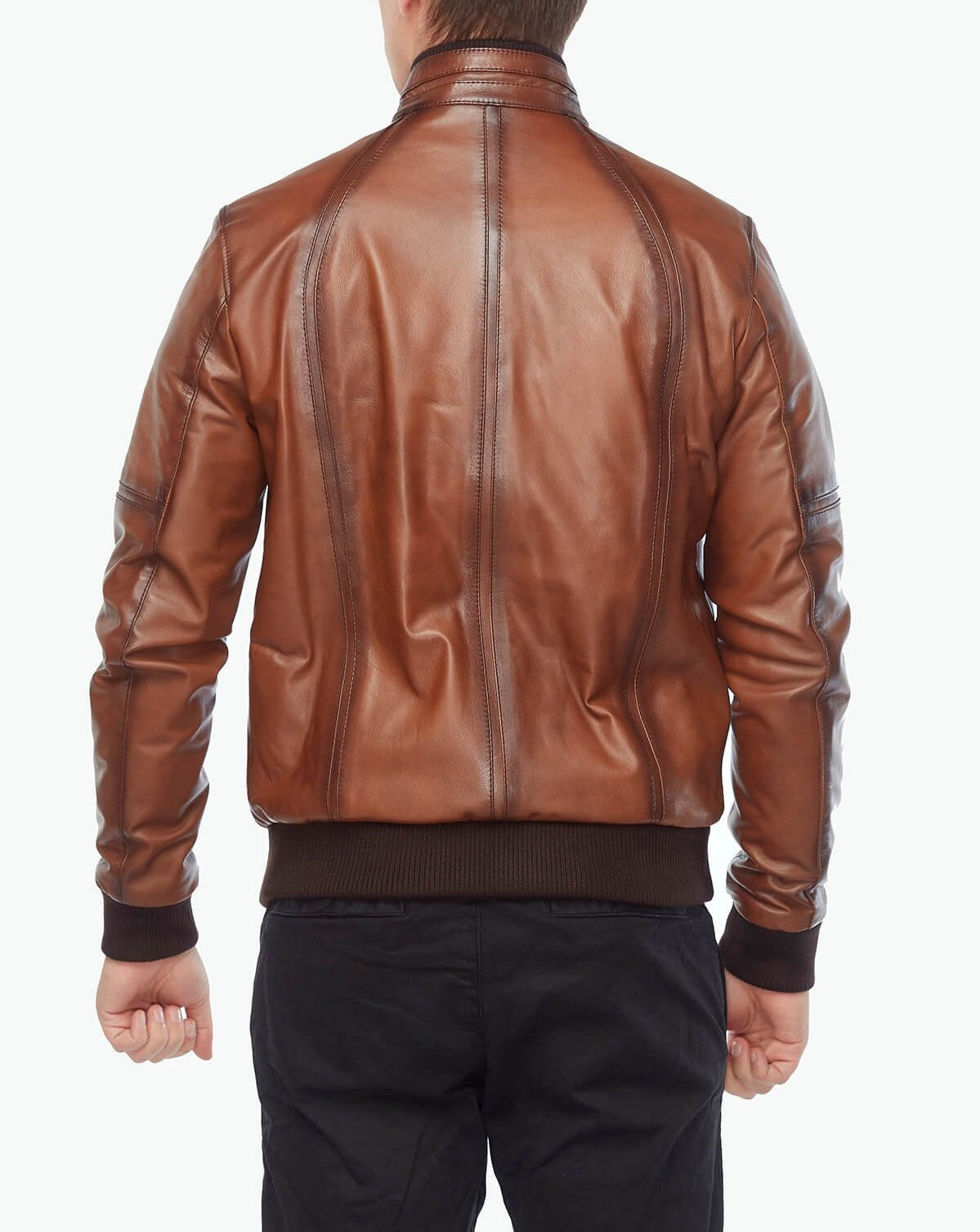 ribbed cuffs brown bomber leather jacket