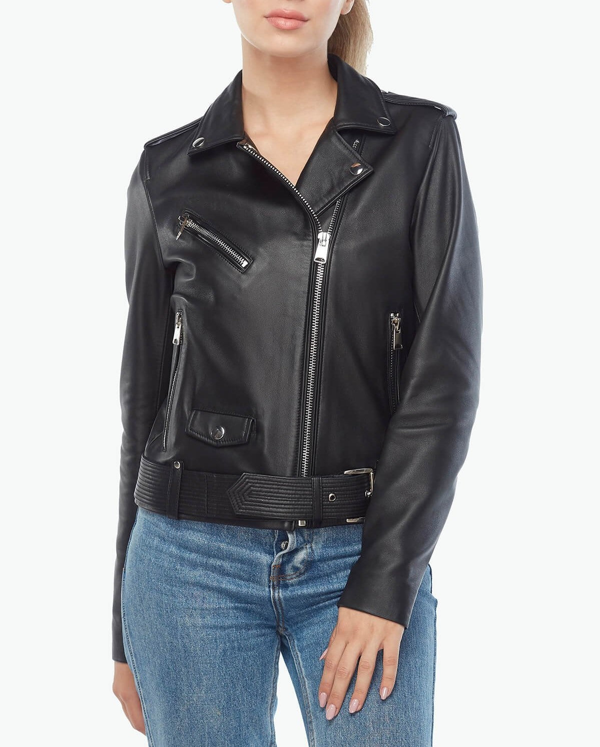 womens belted leather jacket