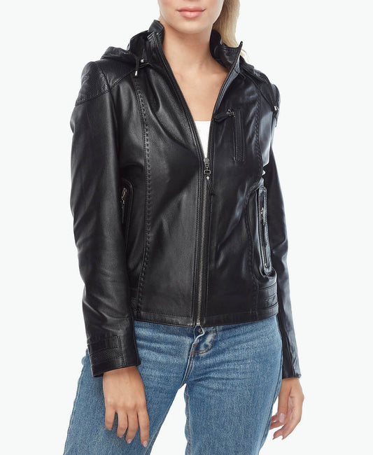 Hooded Black Women's Leather Jacket
