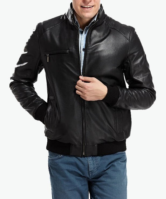 black bomber motorcycle leather jacket mens
