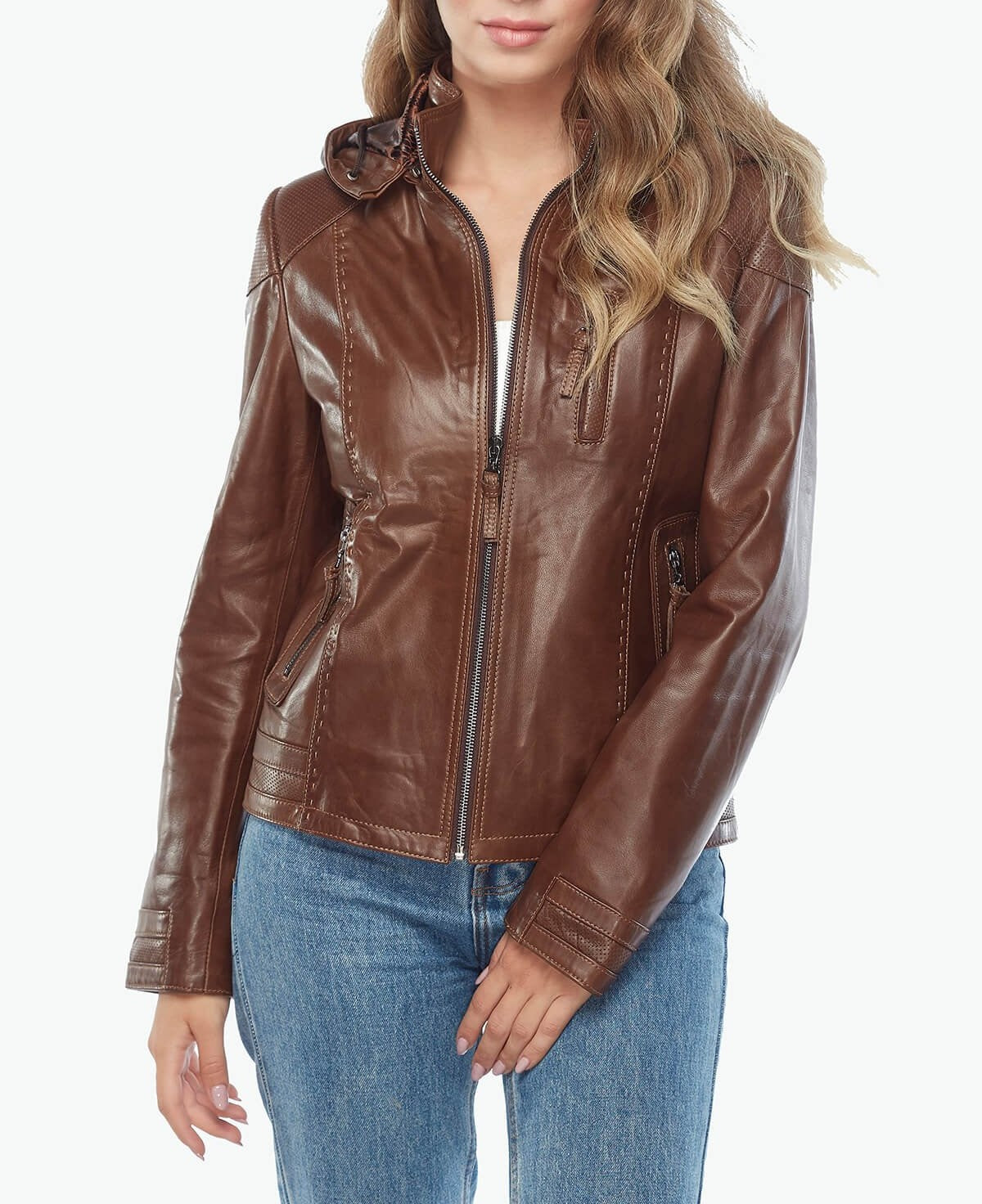 brown leather jacket with hood