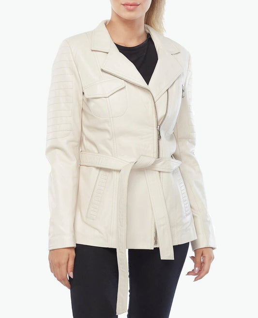 Women's beige leather jacket With Side Zipper Closure