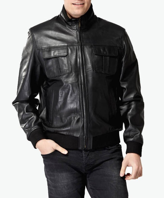 black leather jacket with ribbed cuffs