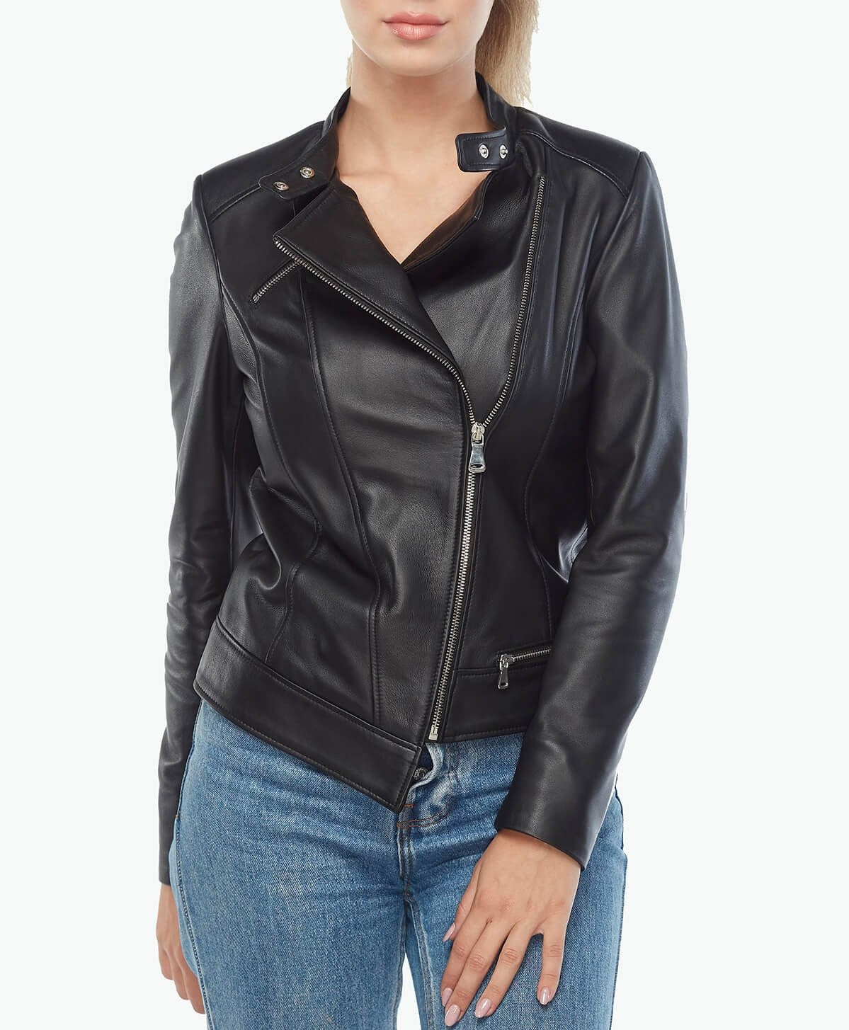 stylish collar black leather jacket women