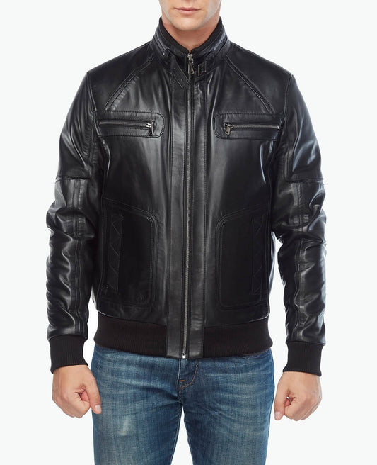 ribbed cuffs black leather jacket