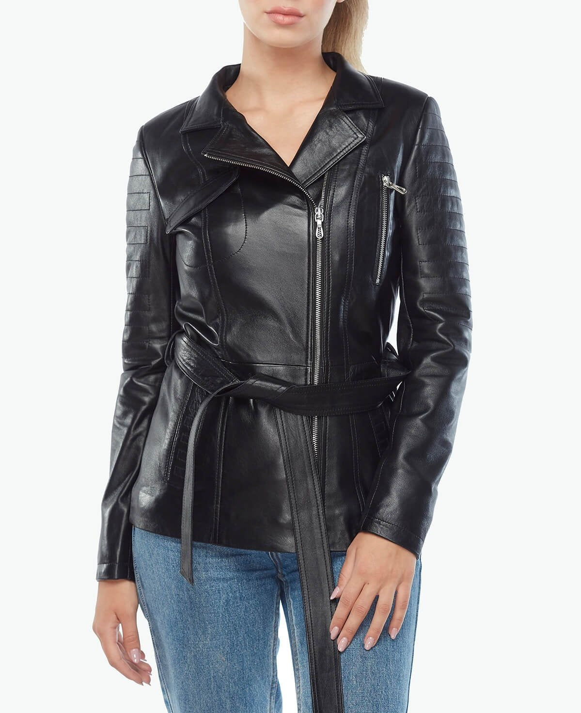 black leather belted jacket