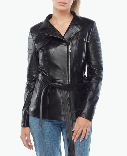 black leather belted jacket