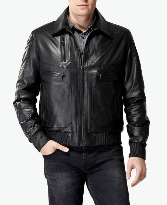 black leather bomber jacket mens