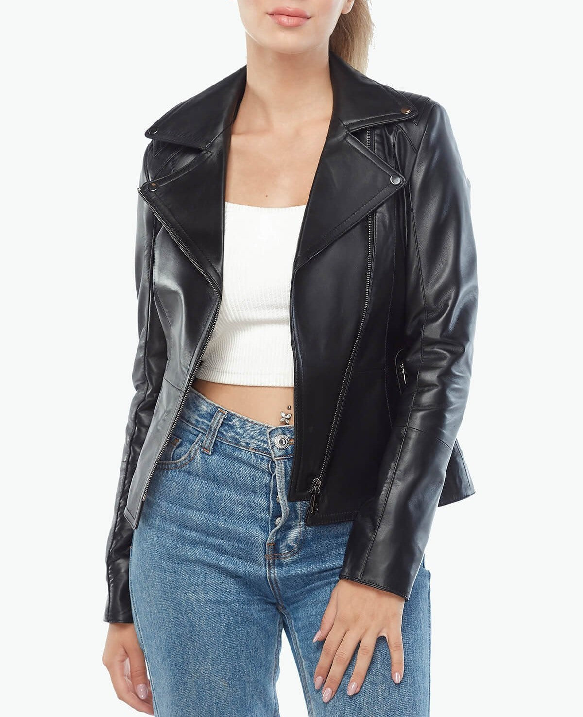 stylish collar black leather jacket women