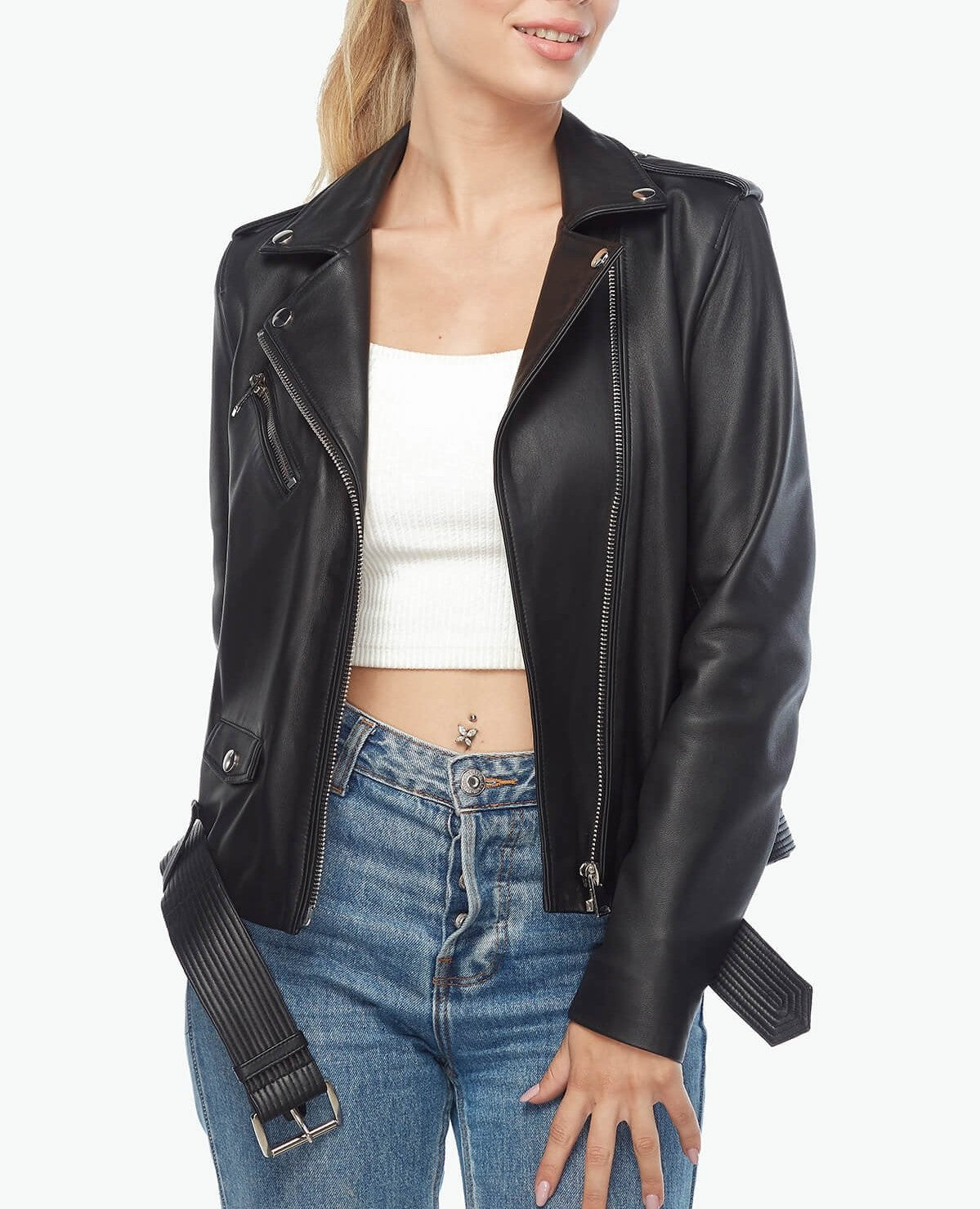 belted open front leather jacket