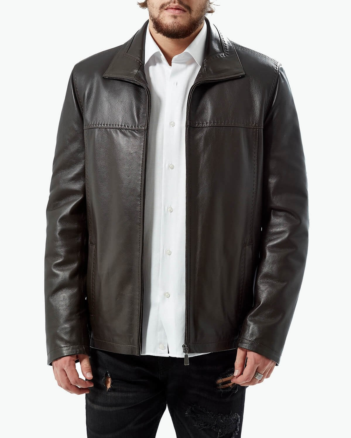 Men Dark Brown Shirt Style Collar Lambskin Leather Jacket