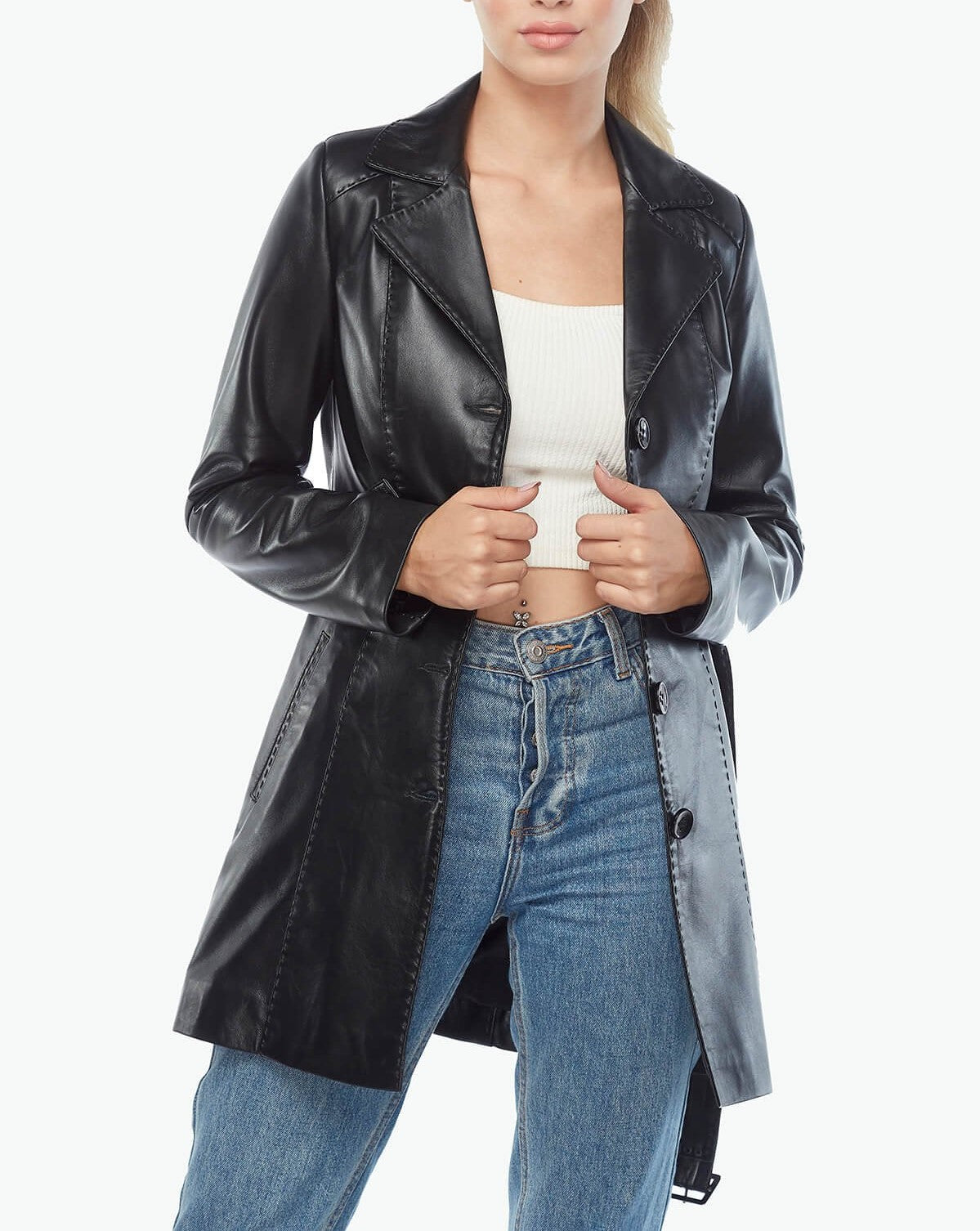 stylish button black leather trench coat