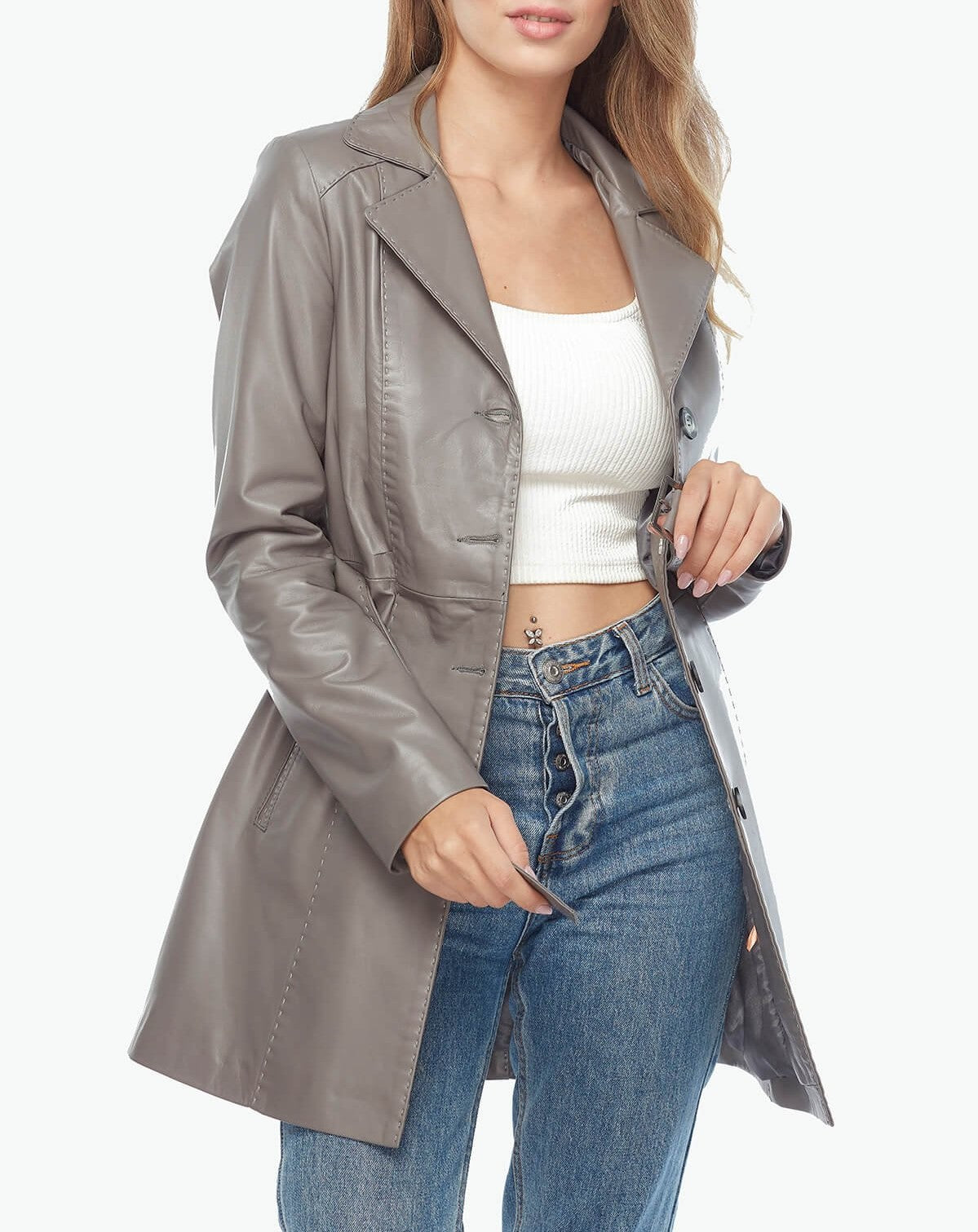 grey trench leather coat