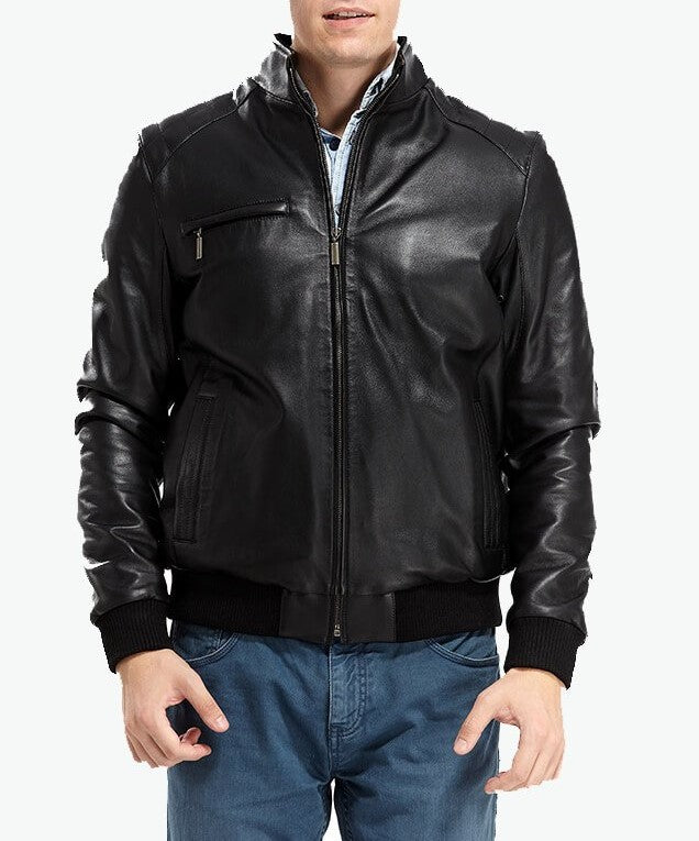 mens black leather jacket with cuff sleeves