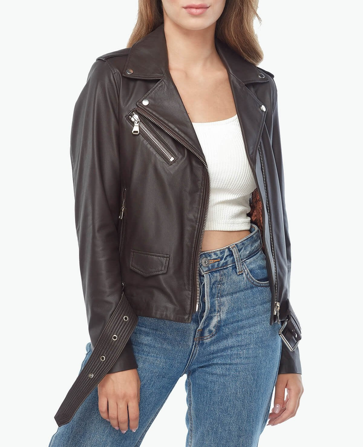 belted open front leather jacket