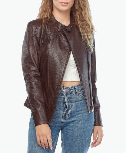 brown stylish collar leather jacket women