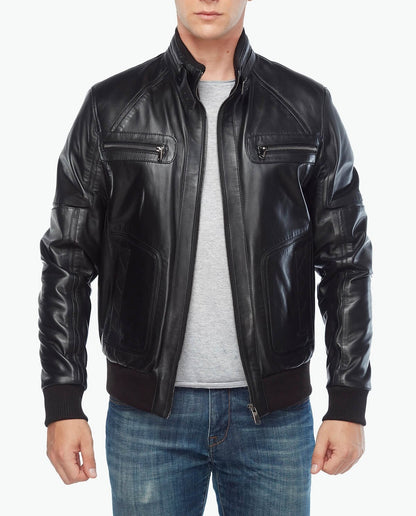 Ribbed Cuffs Stylish Black Leather Jacket