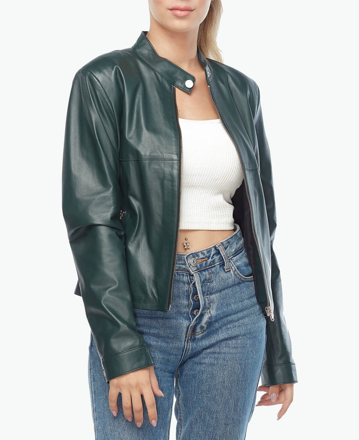 womens green biker leather jacket