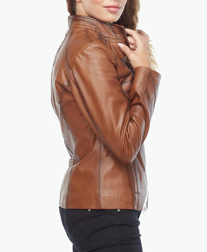 slim fit brown biker leather jacket for womens