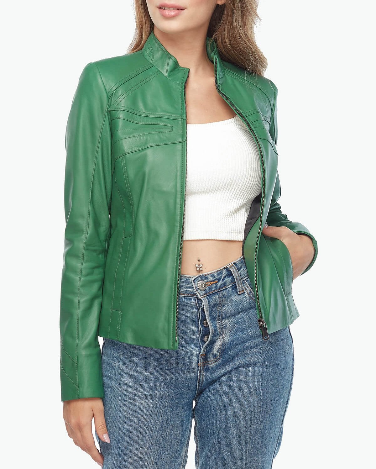 green leather jacket woman