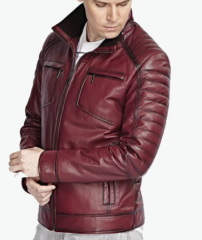 maroon leather jacket quilted shoulder