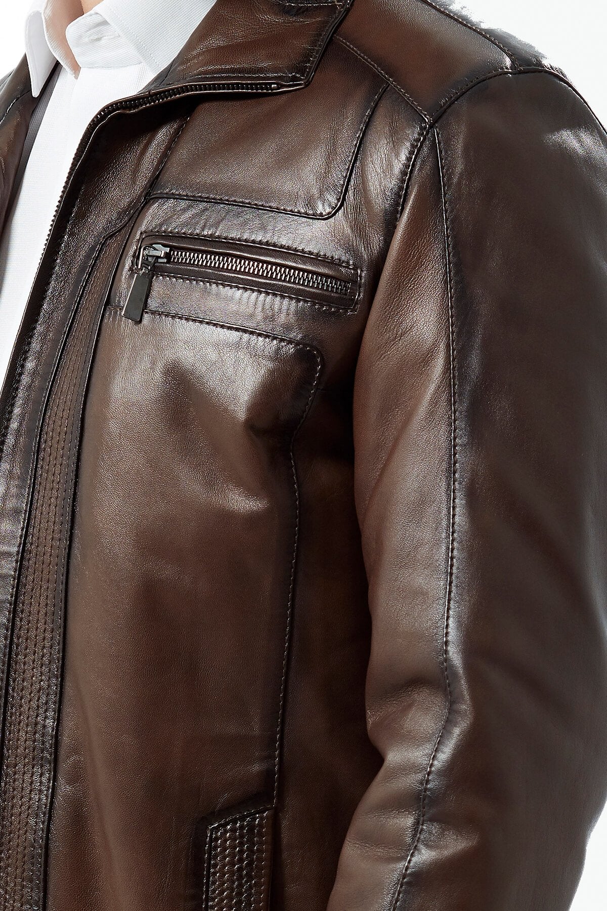 chest zipper pocket leather jacket mens