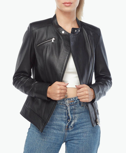 casual black leather jacket womens