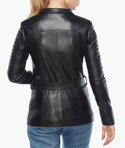 Women's Genuine belted Leather Jacket Black