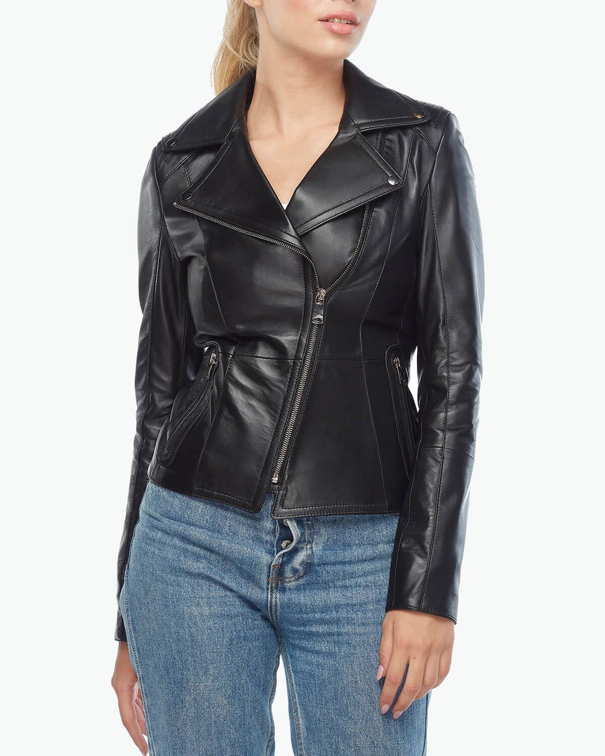 black biker stylish collar leather jacket womens