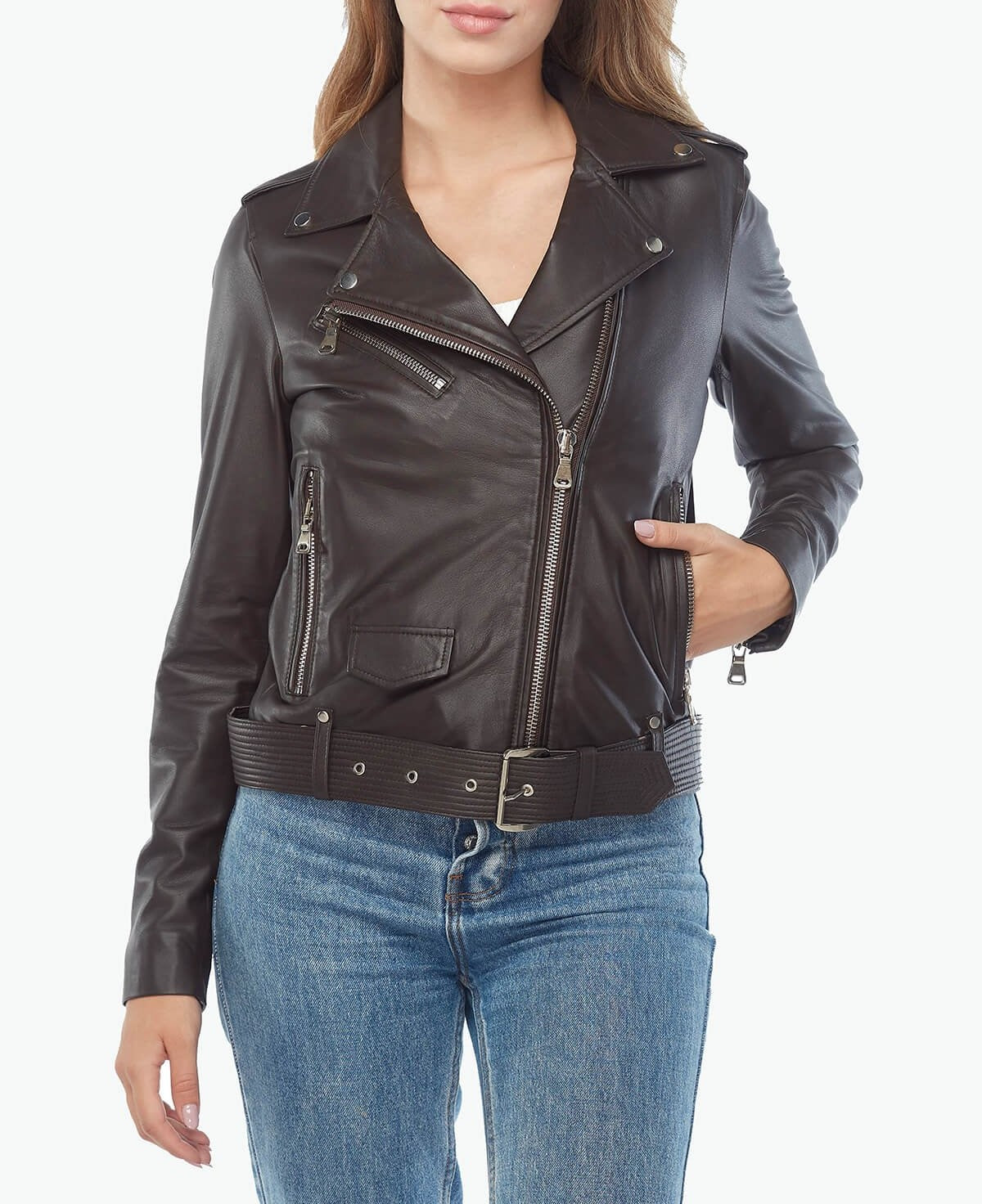 Belted Biker Brown Women's Leather Jacket