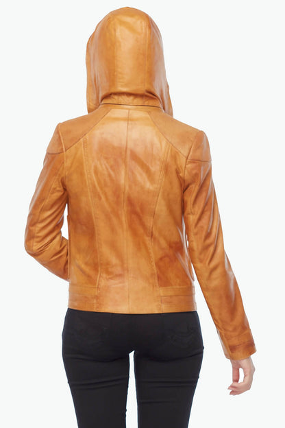 tan leather jacket with hood