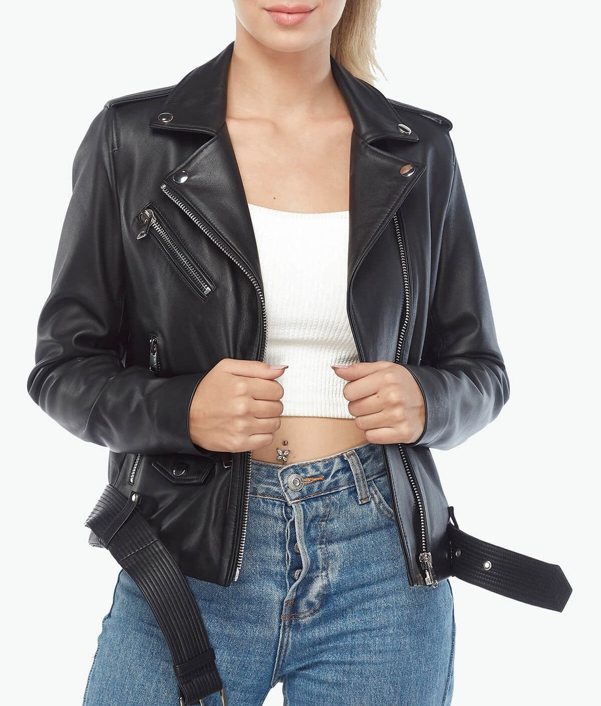 Belted Biker Black Women's Leather Jacket