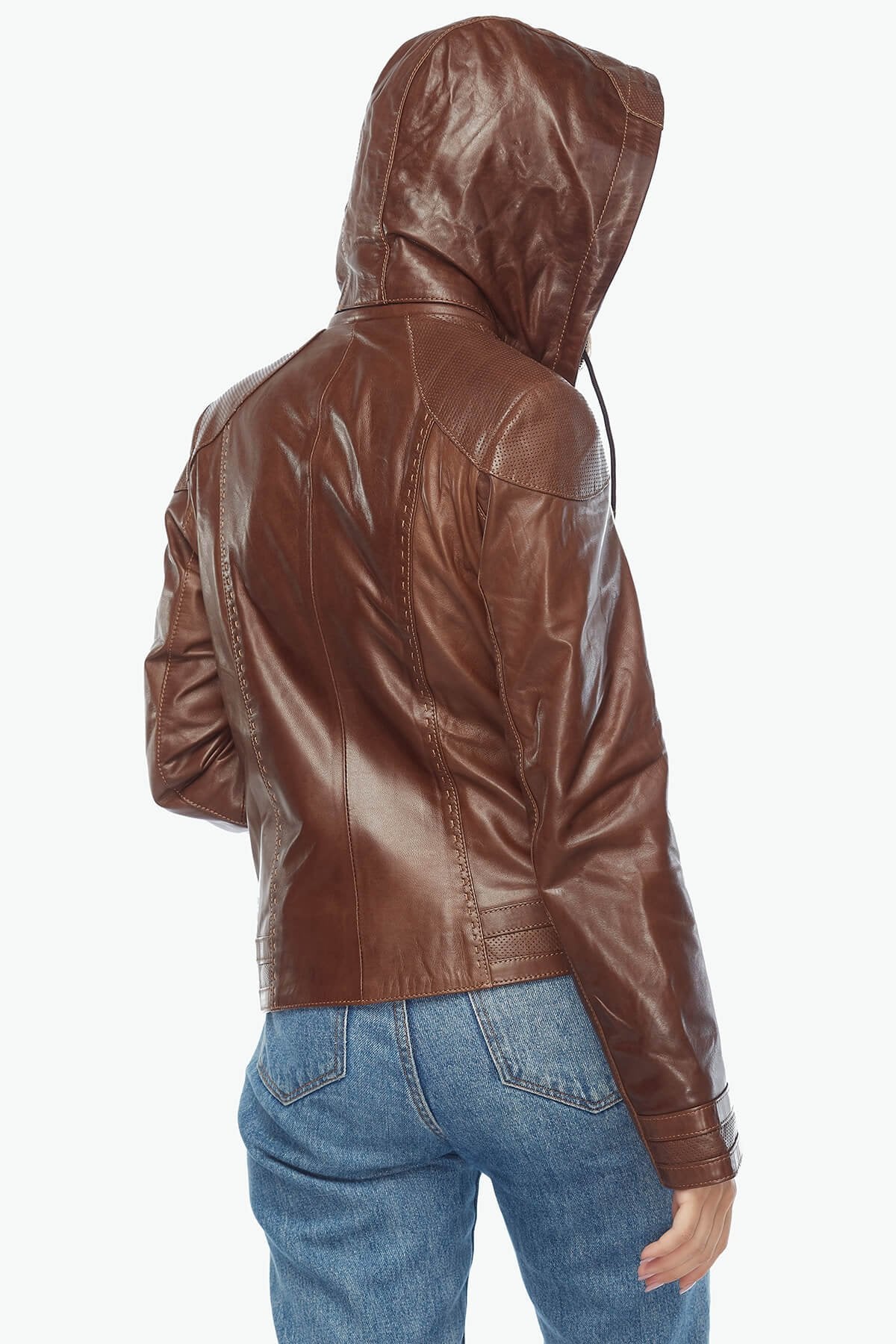 brown leather jacket with hood