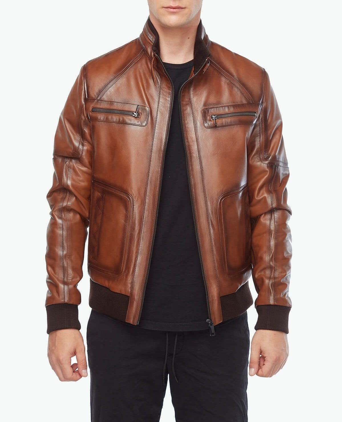 ﻿ribbed cuffs brown leather jacket