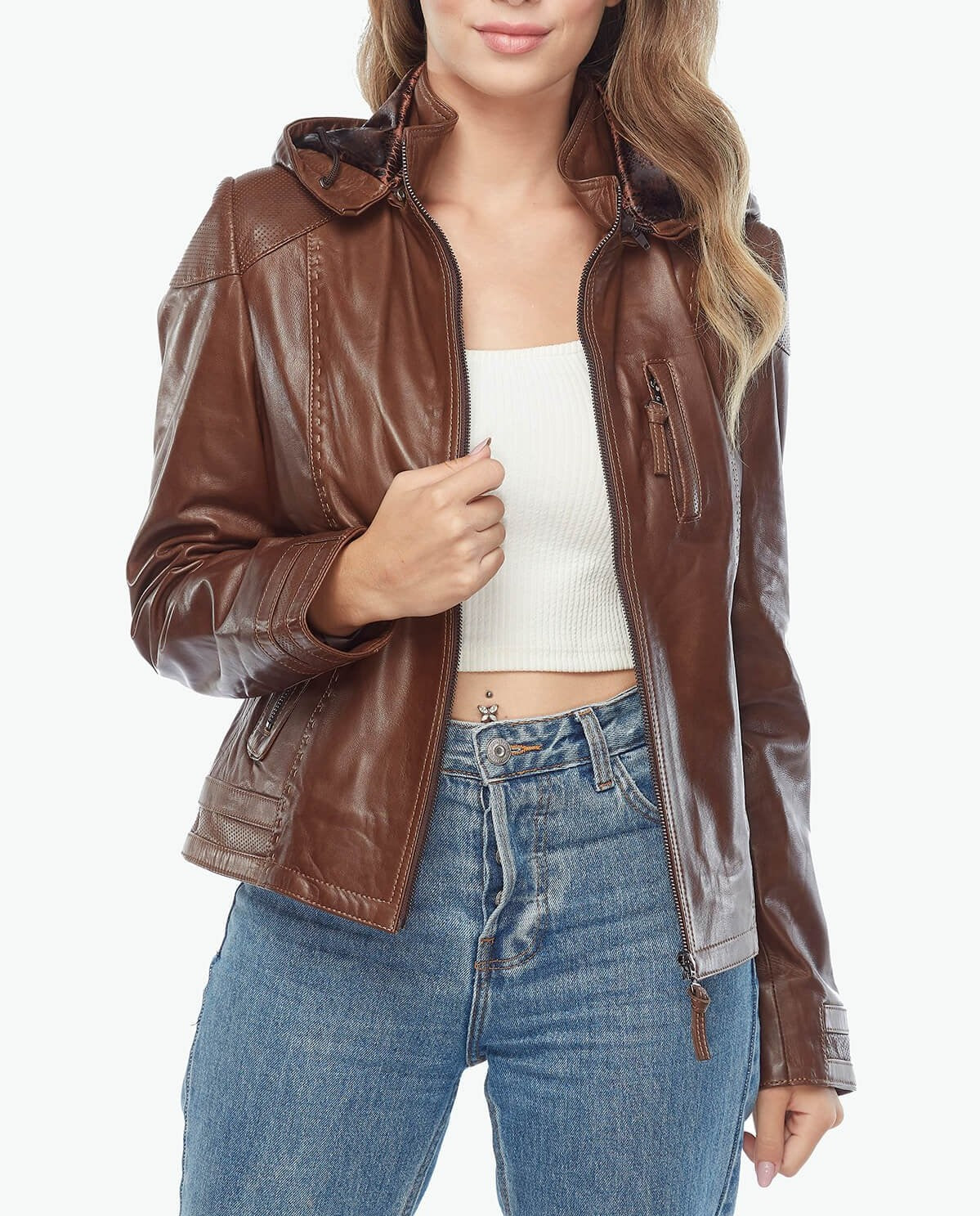 Hooded Brown Women's Leather Jacket