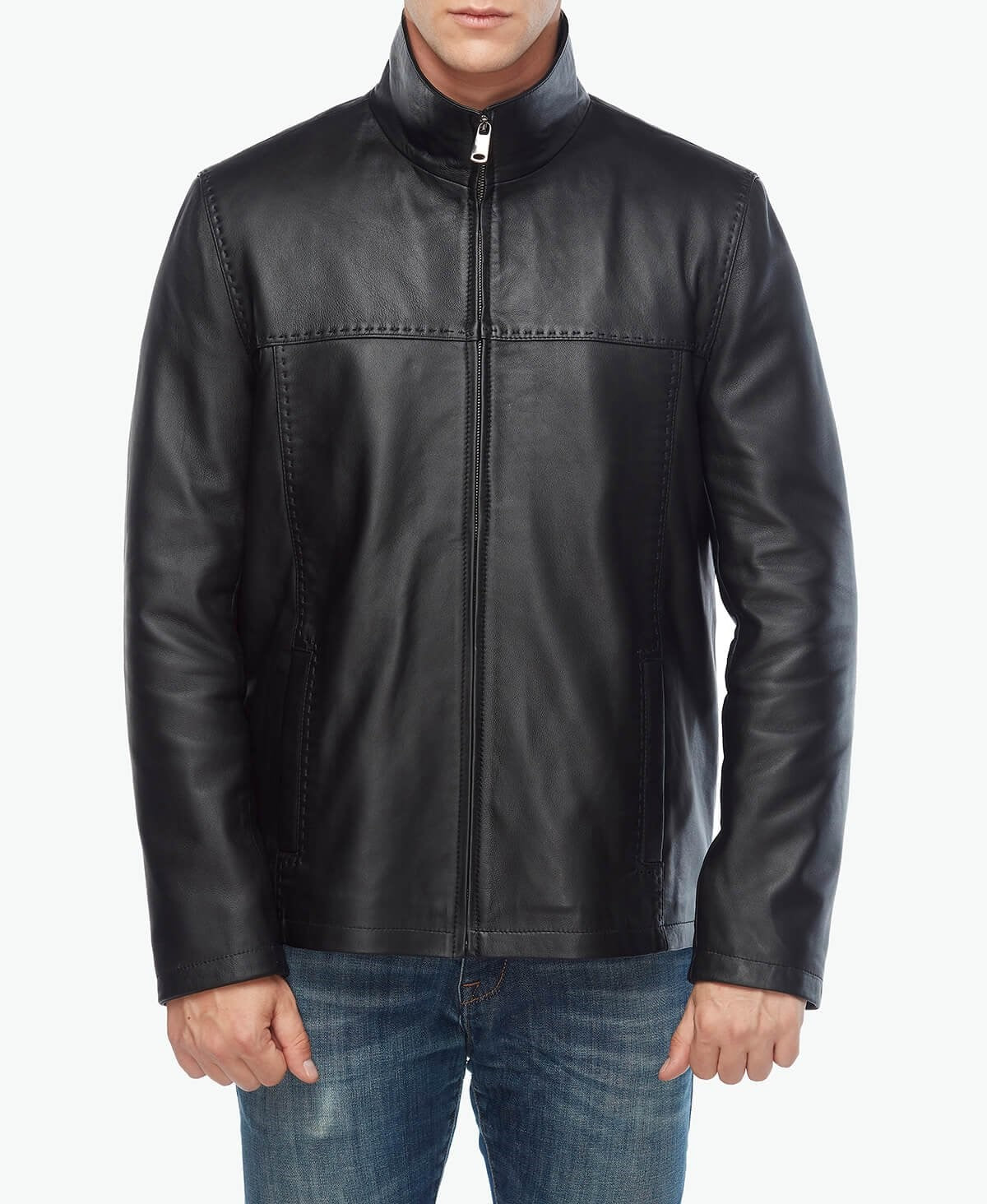 mens round collar leather jacket