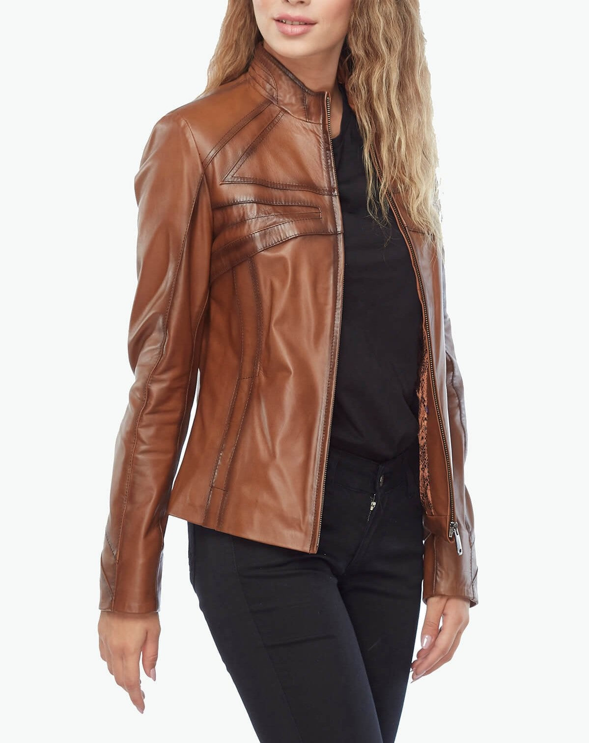 brown stylish chest leather jacket womens