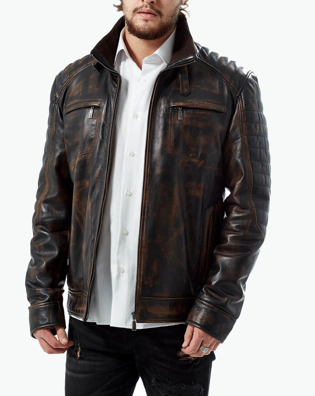 dark brown leather jacket