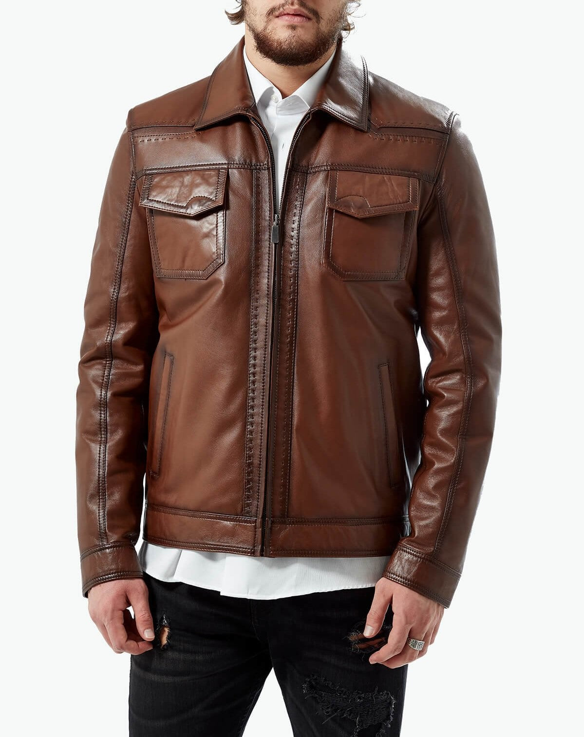 brown lambskin leather jacket shirt collar