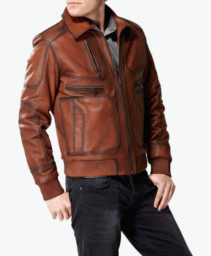 brown leather bomber jacket mens