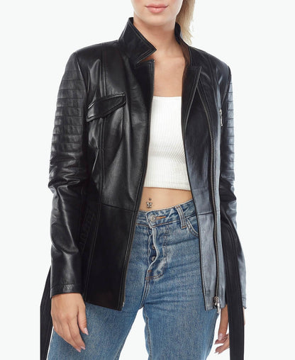 slim fit genuine black leather jacket womens