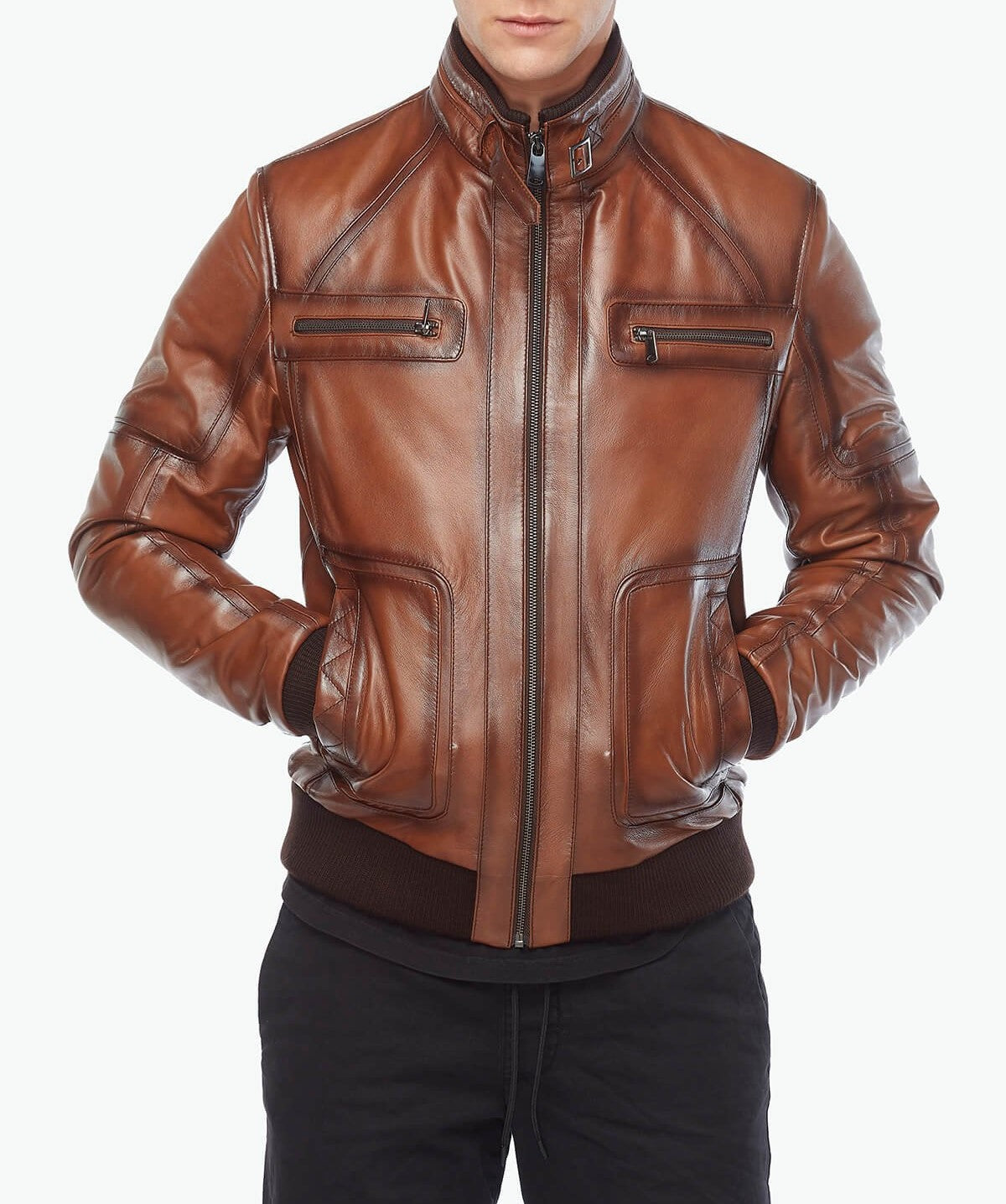 brown leather jacket ribbed cuffs