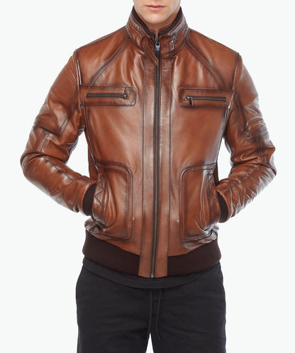 brown leather jacket ribbed cuffs