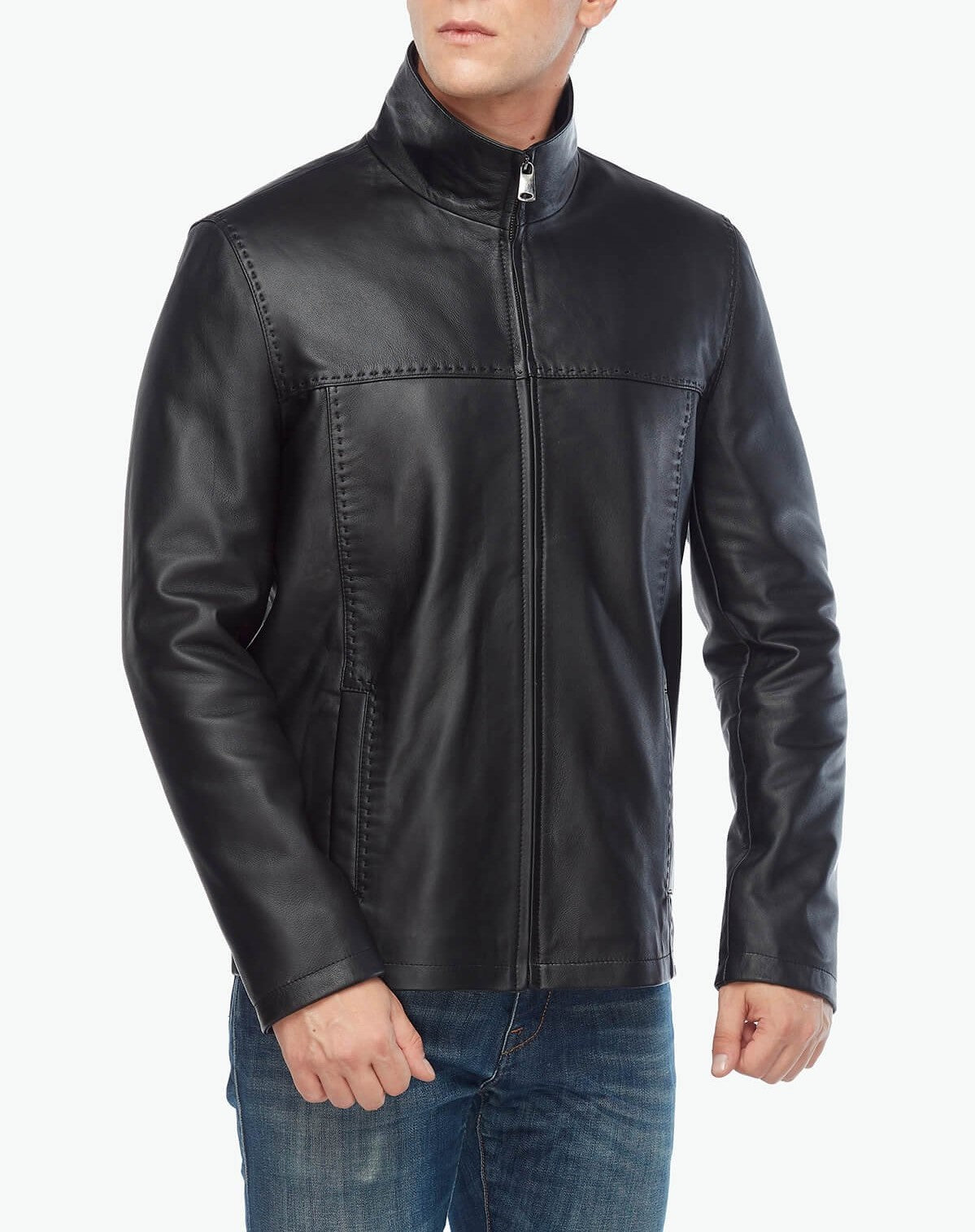 slim fit black leather jacket mens