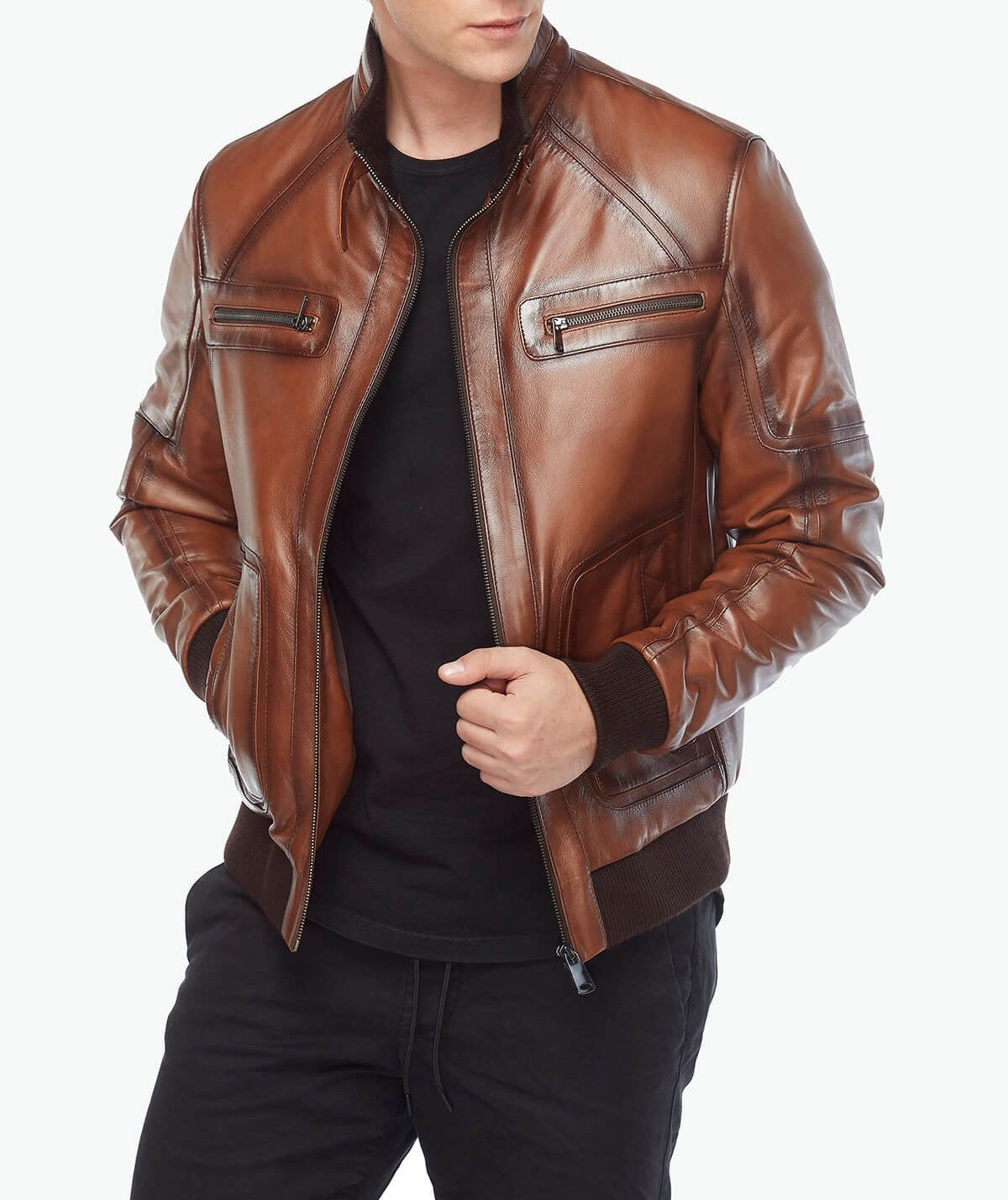 Ribbed Cuffs Stylish Black Leather Jacket