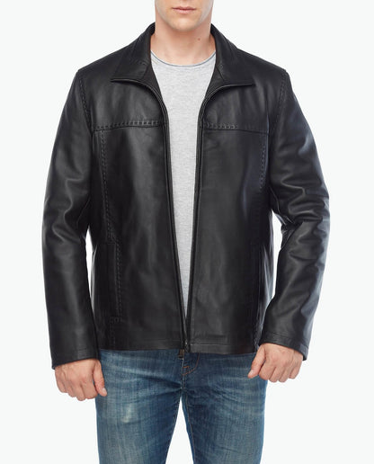 Men Black Shirt Style Collar Lambskin Leather Jacket