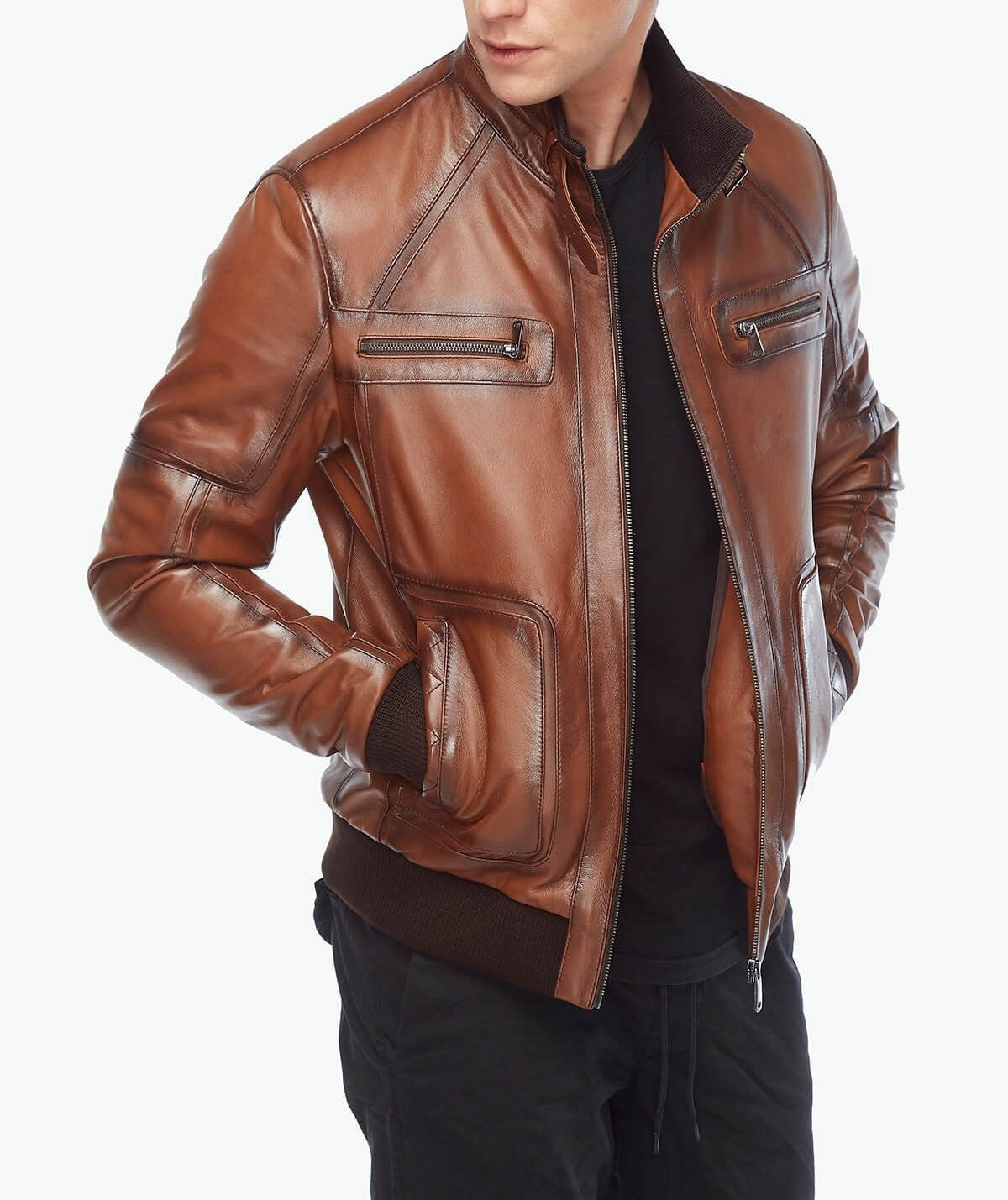 brown bomber leather jacket